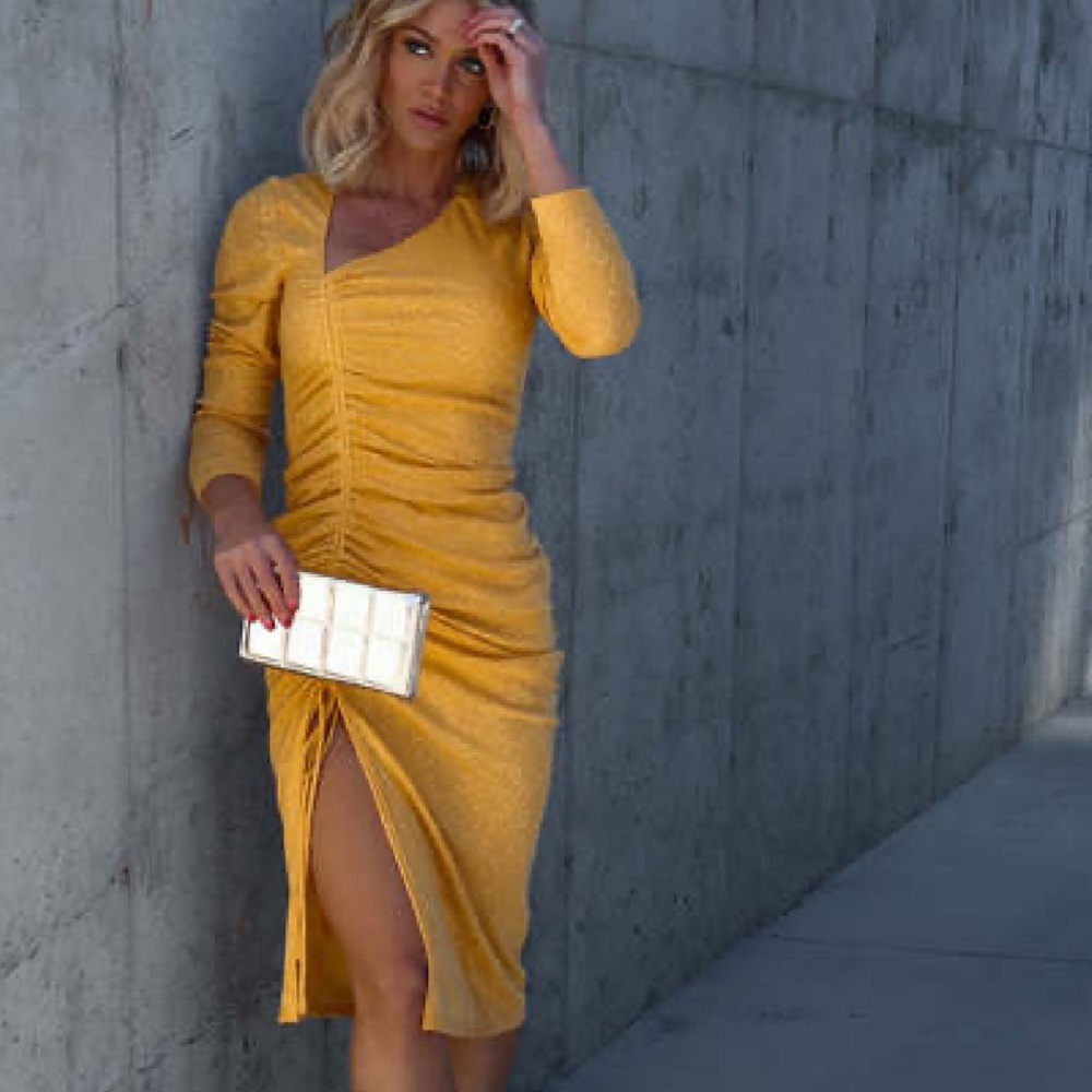 Vici doll yellow asymmetrical neck midi dress